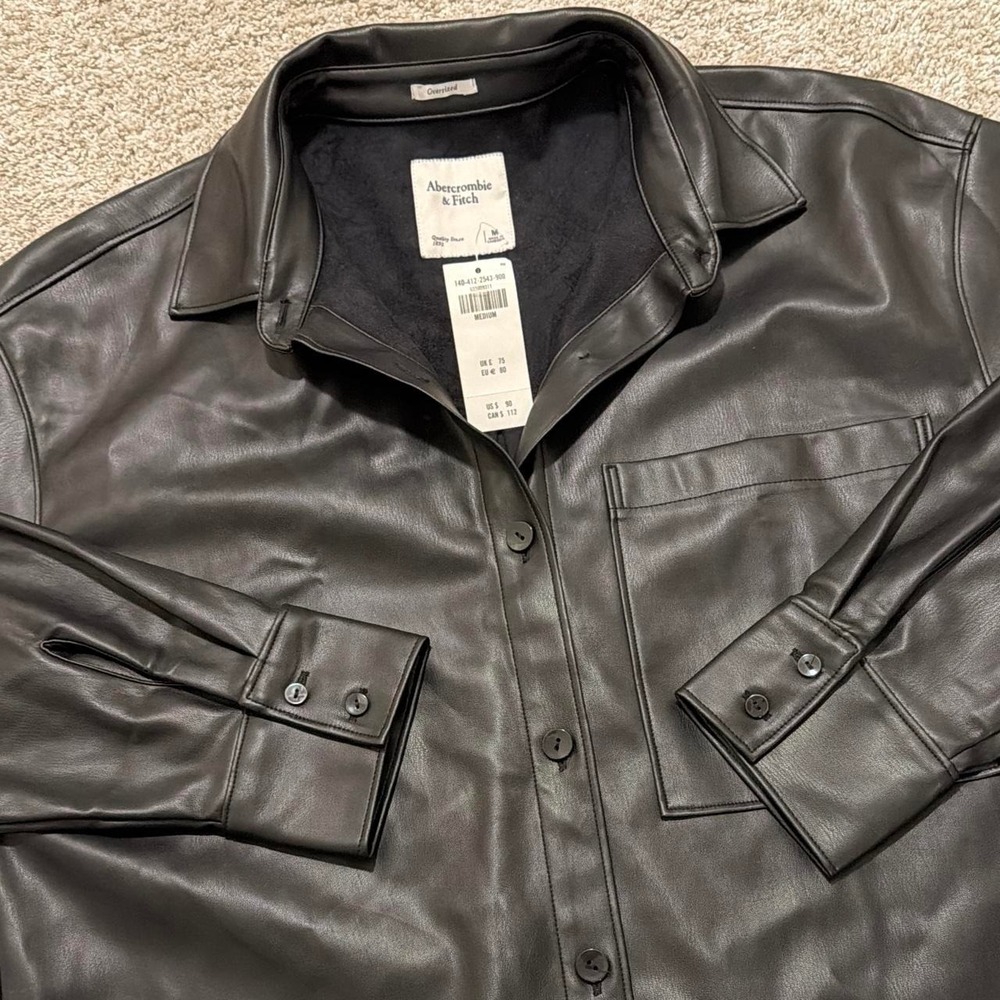 Abercrombie & Fitch Oversized Faux Leather Moto Shirt Jacket | Black | Medium